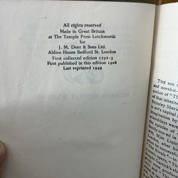 Plays Richard Brinsley Sheridan 1949 Everyman's Library No. 95 UK - Picture 9 of 13